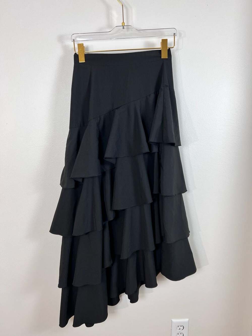 Women's Black Asymmetrical Tiered Ruffle High-Low Maxi Skirt